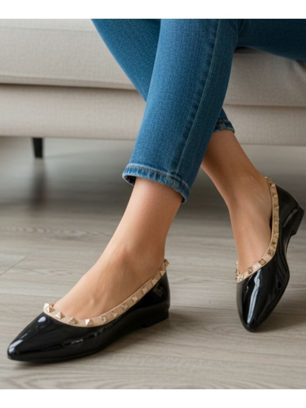 Black Patent Pointed Toe Flats With Gold Studded Trim